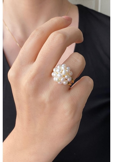 Kadın Prenses Model Doğal İnci Küpe Kolye Yüzük Üçlü Set 9 / Sarı Gümüş