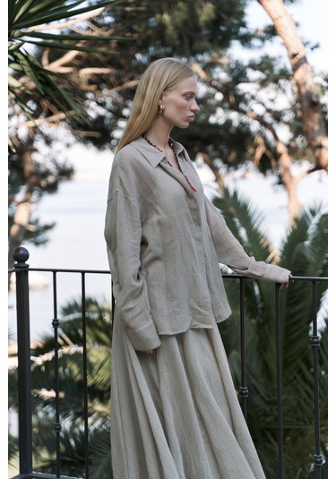 Calynn Sırt Dekolteli Çizgili Haki Keten Gömlek Haki