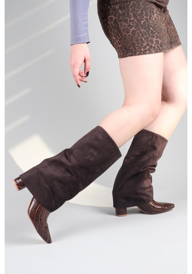 Selora Süet-kroko Garnili Topuklu Çizme Kahverengi-8554 Kahverengi