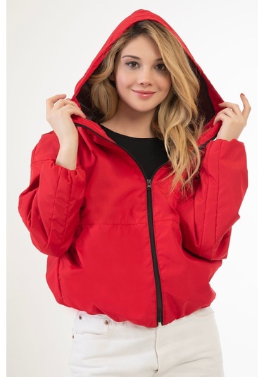Riverstorm Kadın Kırmızı Su Ve Rüzgar Geçirmez Kapüşonlu Cepli Oversize Yağmurluk - Rüzgarlık Kırmızı