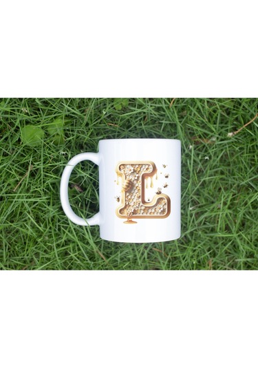 L Harfi Bal Arısı Tasarım Kupa Bardak - Bal Ve Petek Desenli Kişiye Özel Kahve Kupası - Hediyelik Beyaz