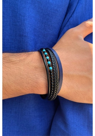 Taşlı Örgülü El İşçiliği İle Üretilmiş Hakiki Deri Erkek Bileklik Mavi - Siyah