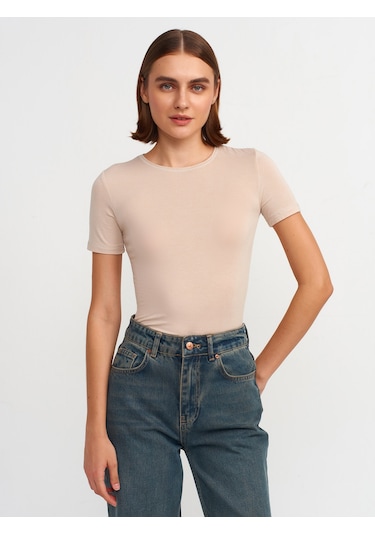 Dilvin Bisiklet Yaka Basic T-shirt 101a30747 Bej