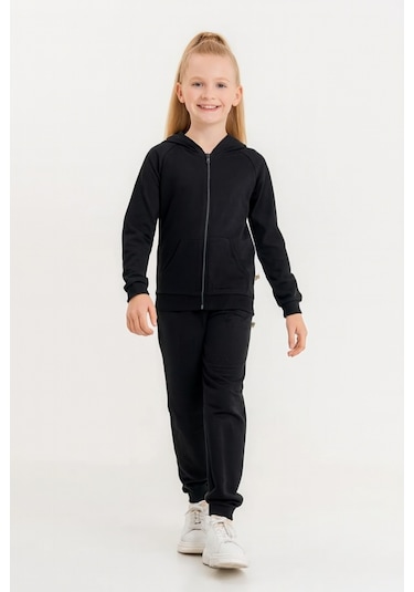 Kız - Erkek Çocuk Basic Fermuarlı Okul Eşofman Takımı Ak0785 Siyah