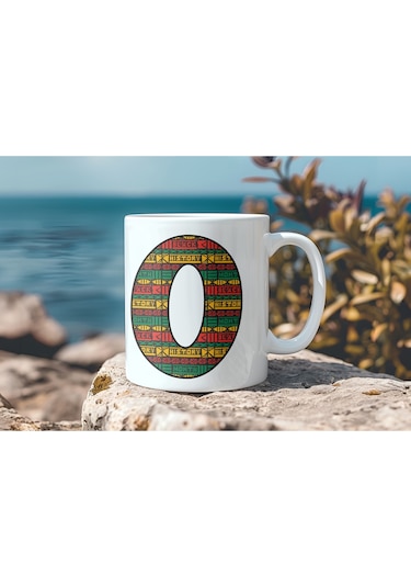 O Harfi Etnik Desenli Kupa - Afrika Tarzı Kahve Çay Kupası - Hediyelik - Black History Beyaz