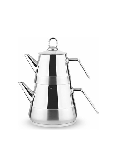 Piramit Paslanmaz Çelik Çaydanlık Takımı Aile Boy Metal Kulp 3059 Gümüş Kulp