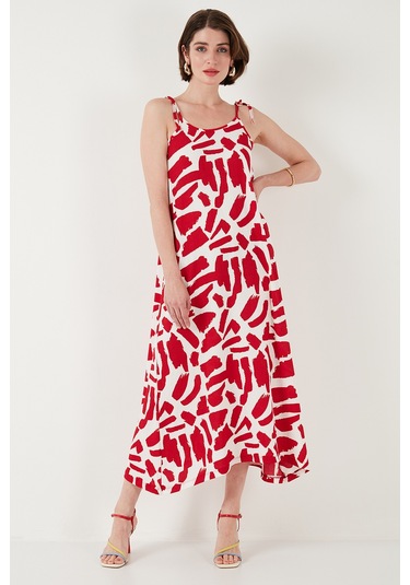 Lela Desenli Midi Boy Oversize Fit Bağlamalı Ip Askılı Bisiklet Yaka Bayan Elbise 5869009 Bordo