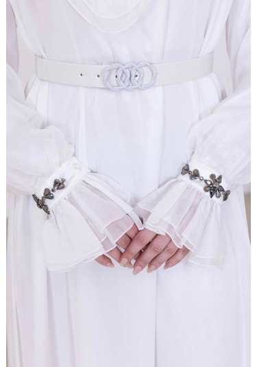 Yaka Fırfırlı Boncuk İşlemeli Şifon Abiye 2716-ekru Ekru