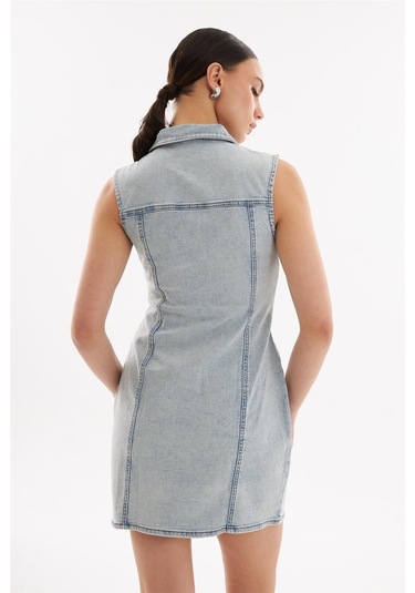 Fermuarlı Mini Denim Elbise Açık Mavi