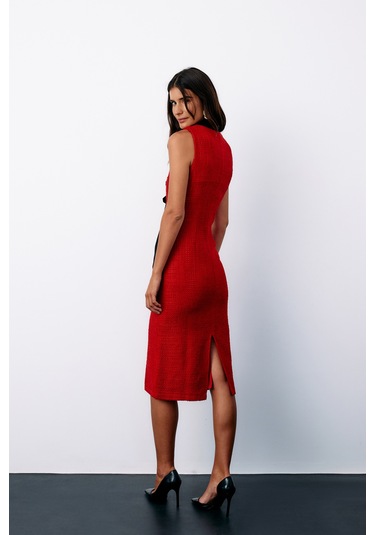 Sateen Fularlı Kolsuz Tüvit Elbise - Kırmızı-135148 Kırmızı