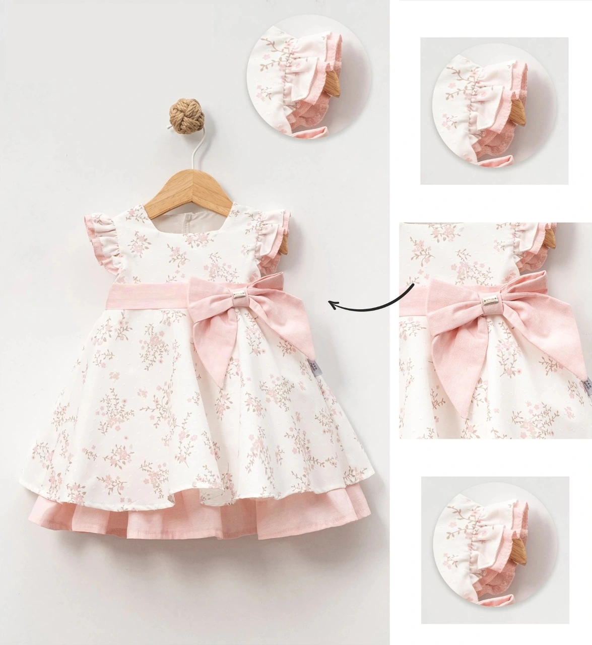 Büyük Yan Fiyonklu Fırfırlı Bebe Kız Elbise Pembe