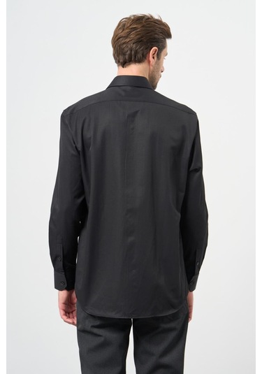 Siyah Uzun Kol Düz Bez Ayağı Sert Yaka Cep 30 Pamuklu Classic Comfort Fit Gömlek 1004245269 001 Siyah