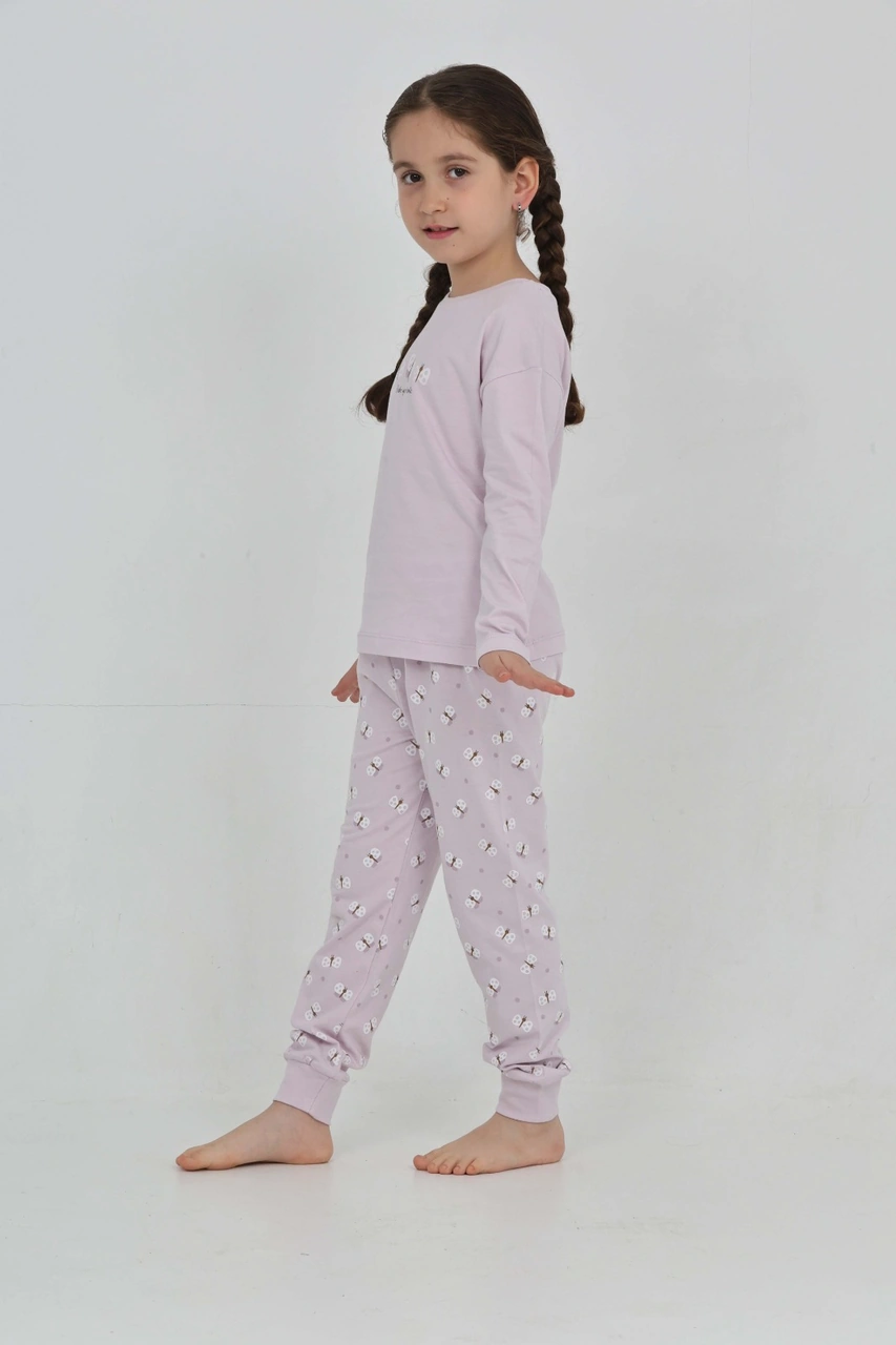 Toontoy Kız Çocuk Kelebek Baskılı Pijama Takım Lila