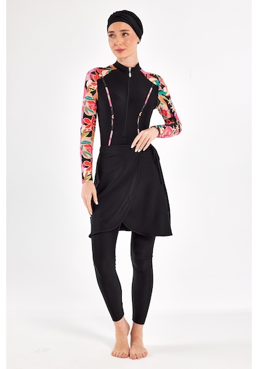 3 Farklı Şekilde Giyilebilir Likralı Etekli Tesettür Mayo Dora 1108 Siyah Siyah01 Siyah