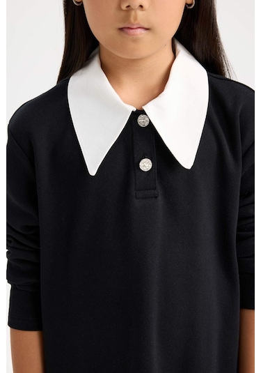 DeFacto Kız Çocuk Gömlek Yaka Basic Düz Uzun Kollu Siyah Elbise D7421A824WNBK27 Siyah