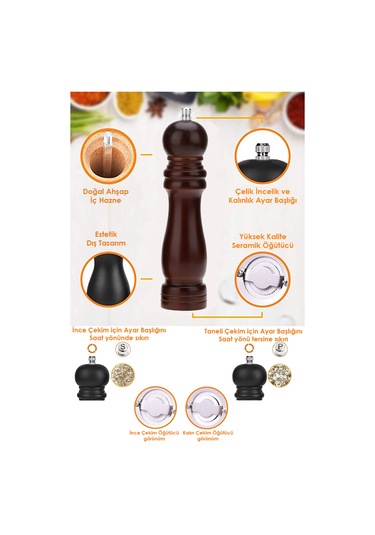 Technojet 2li Karabiber Tuz Kahve Baharat Öğütücü Ahşap Manuel El Değirmeni Tuzluk 2 Adet Kahverengi