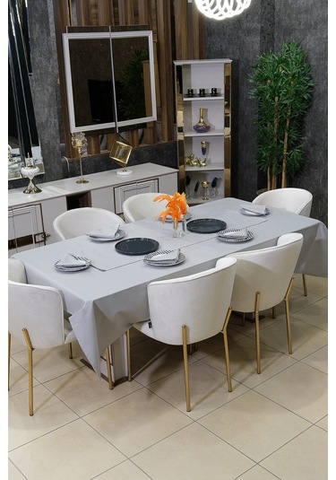 Dream 8 Parça Masa Örtüsü Seti Çeyiz Seti Salon Masa Örtüsü, Runner, 6'lı Peçete Açık Gri