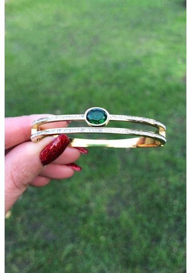 Zirkon Taş Sıralı Ve Yeşil Taş Detaylı Gold Renk Kelepçe - Çelik Yeşil