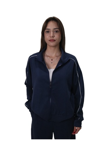 Kadın Modal Kumaş Kontrast Detaylı Rahat Kalıp Lacivert Ceket Hırka Lacivert