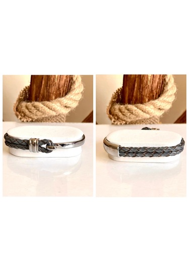 %100 Deri&krom Kombin Gri Erkek Bileklik Net 22cm Türk El Üretim Gri