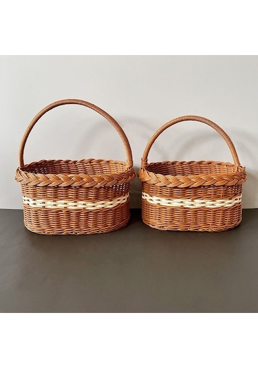 Besthome1 Pratik El Tutanaklı Sepet - Bebek Piknik, Hediye, Meyve İçin - Sarı Rattan Örgü - Küçük Boy 27x18x14 Cm, Tencel Şal