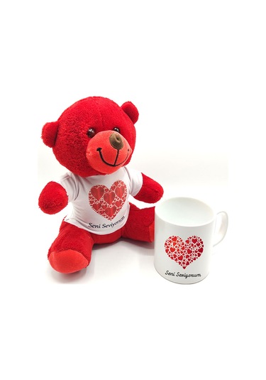 Seni Seviyorum Baskılı Kırmızı Ayıcık Ve Kupa Bardak Seti