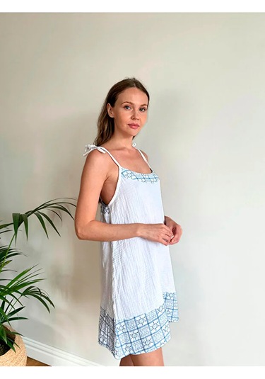 Süper Hafif %100 Pamuk 2 Katlı Müslin Gecelik Gecenin Vazgeçilmezi Nefes Alır Gots Sertifikalı Mavi