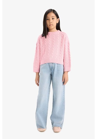 Defacto Standart Fit Bisiklet Yaka Triko Pembe Kız Çocuk Kazak E7880a8/pn238 Pembe