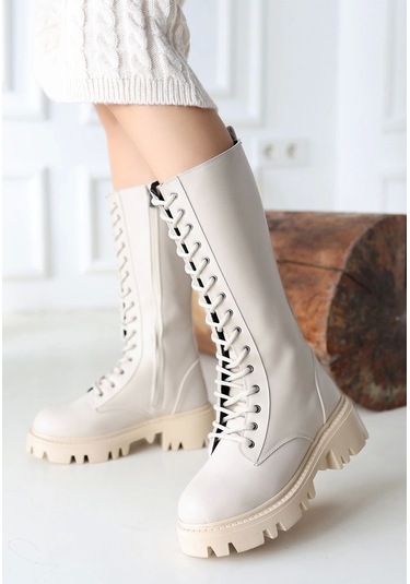 Uliza Bej Cilt Bağcıklı Kadın Çizme Bej