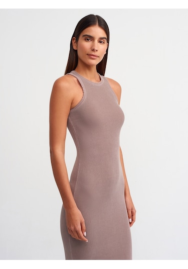 Dilvin Yıkama Efektli Midi Elbise Kahve Kahverengi