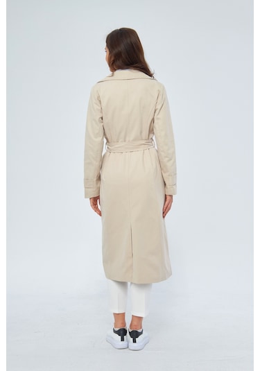 %100 Pamuk Ekstra Uzun 120cm Kruvaze Kadın Trençkot 1121 Taş Rengi Taş