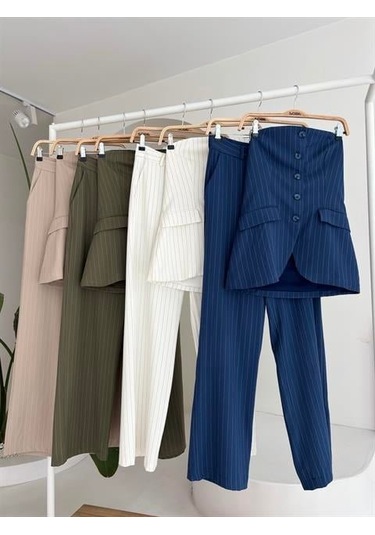 Straplez Büstiyerli Plazzo Pantolonlu Çizgili Takım 10151 Bej