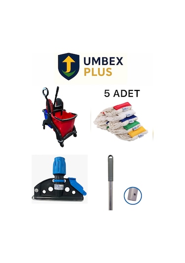 Umbex Çift Kovalı Plastik Temizlik Arabası Paspas Arabası Islak Mop Seti 5 Islak Mop