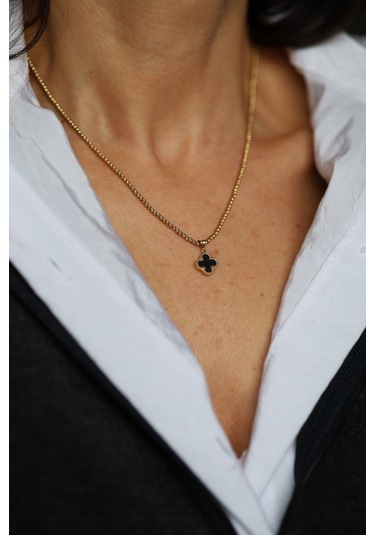 Yenigün Kuyumculuk 14 Ayar Altın Siyah Taşlı Yonca Kolye Ucu Küçük Klu21976