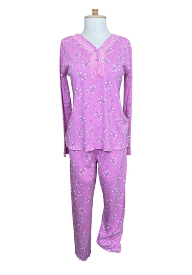 Büyük Beden Battal Pijama Takımı Desenli Uzun Kol Kışlık Kumaş Pembe