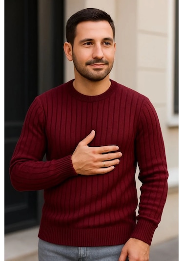 Erkek Bisiklet Yuvarlak Yaka Triko Kazak Pamuklu Kalın Fitilli Dokuma, Regular Fit Uzun Kollu Kışlık Bordo