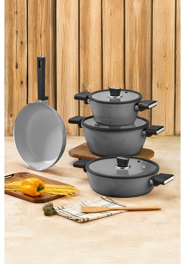 Polochef Seramik Tencere Seti 7 Parça Gri Gri