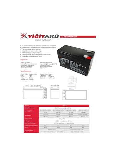 12v 9 Ah-amper Kuru Tip Agm Ups Güç Aküsü Yiğit Akü