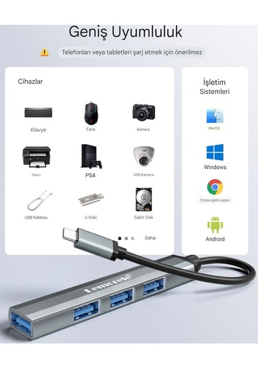 Lemorele 4'in 1'i Hub Çoklayıcı Type-c Girişli 4 Port 3.0 480mbps