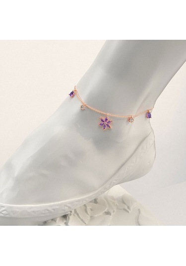 İndigo Takı Ametist Taşlı Lotus Çiçeği Rose Gümüş Halhal Çok Renkli