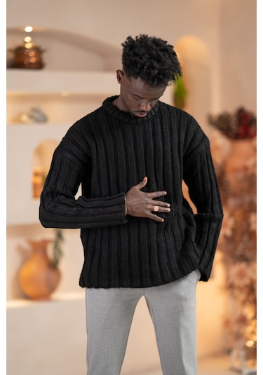 Oversize Kendinden Çizgili Pamuklu Kalın Triko Spor Kazak Siyah