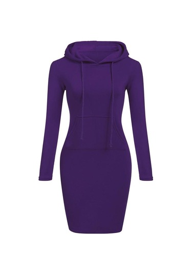 Şarap Kırmızısı Kadın Modası İnce Kapşonlu Uzun Kollu Katı Kalem Kapüşonlu Elbise