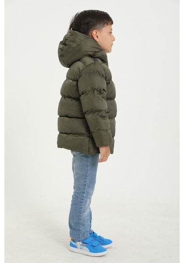Erkek Çocuk Haki İçi Polarlı Kapüşonlu Su Geçirmez Rüzgara Dayanıklı Cepli Şişme Kışlık Mont Haki
