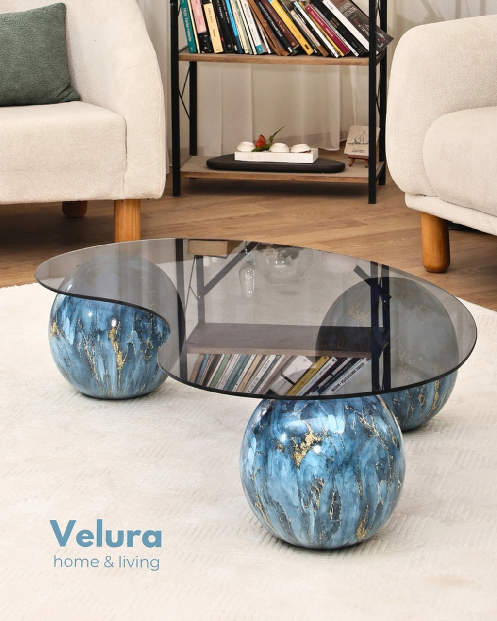 Modern Orta Sehpa & Küre Sehpa & Top Sehpa & Füme Fasulye Cam & Sky Mavi