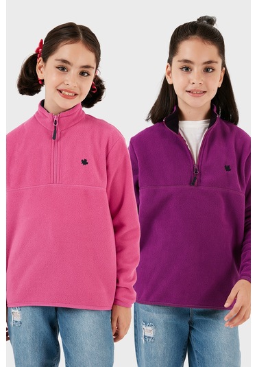 Lela Yumuşak Dokulu Fermuarlı Dik Yaka Şardonlu 2'Li Paket Çocuk Polar 5905002S2 Fuşya-Mor