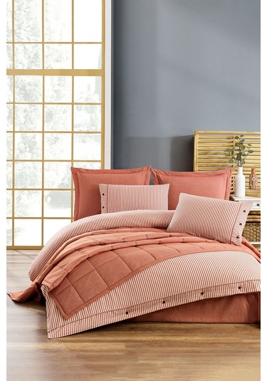 Life %100 Pamuk Nevresim Takımı Ve Yatak Örtüsü 7 Parça Orange Bej