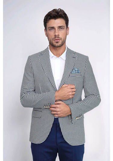 Lacivert Kazayağı Desenli Gold Renk Metal Düğmeli Slim Fit Erkek Blazer Ceket - Wessi Navy Blue