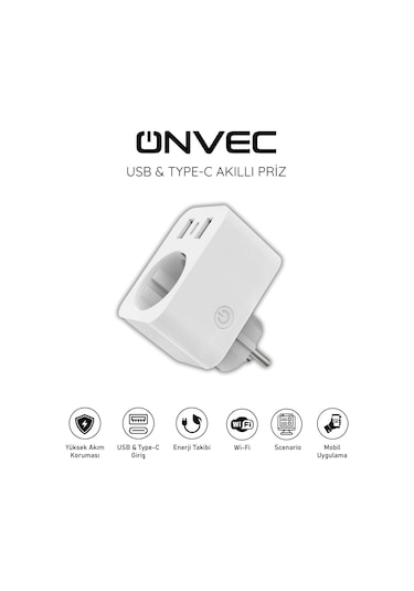 Onvec Usb Type-c Akıllı Tekli Priz, Wifi + Ble, Google Home Ve Amazon Alexa Uyumlu, Uzaktan Kontrol