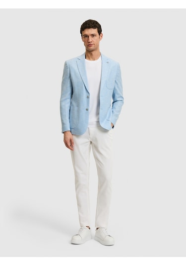Cacharel Açık Mavi Slim Fit Yün İpek Karışımlı Ceket Denim