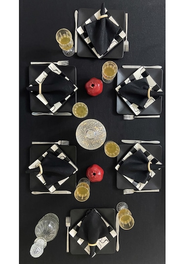 Keten Görünümlü Simli Begonvil Masa Örtüsü Siyah 25 Parça